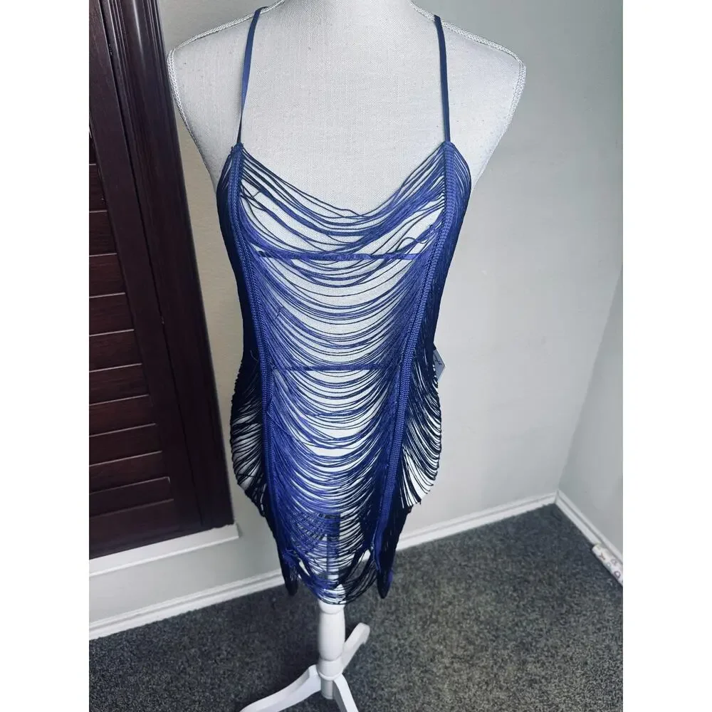 NWT Dreamgirl Blue Sexy Dress Drape Fringe Chemise & G-String Set mini lingerie